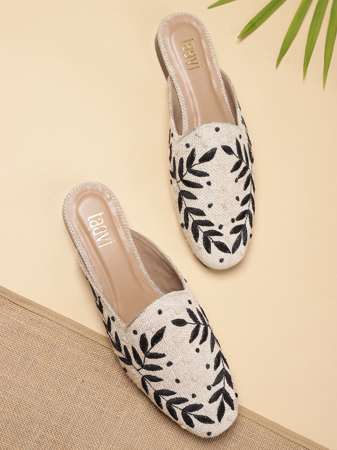 

Taavi Women Beige & Black Embroidered Mules