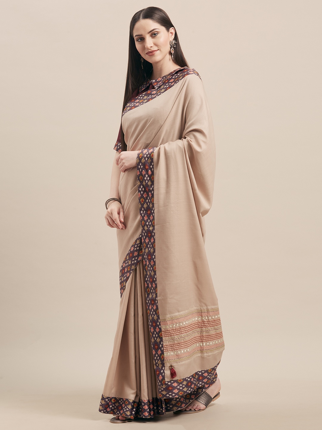 Kvsfab Beige Solid Silk Blend Saree
