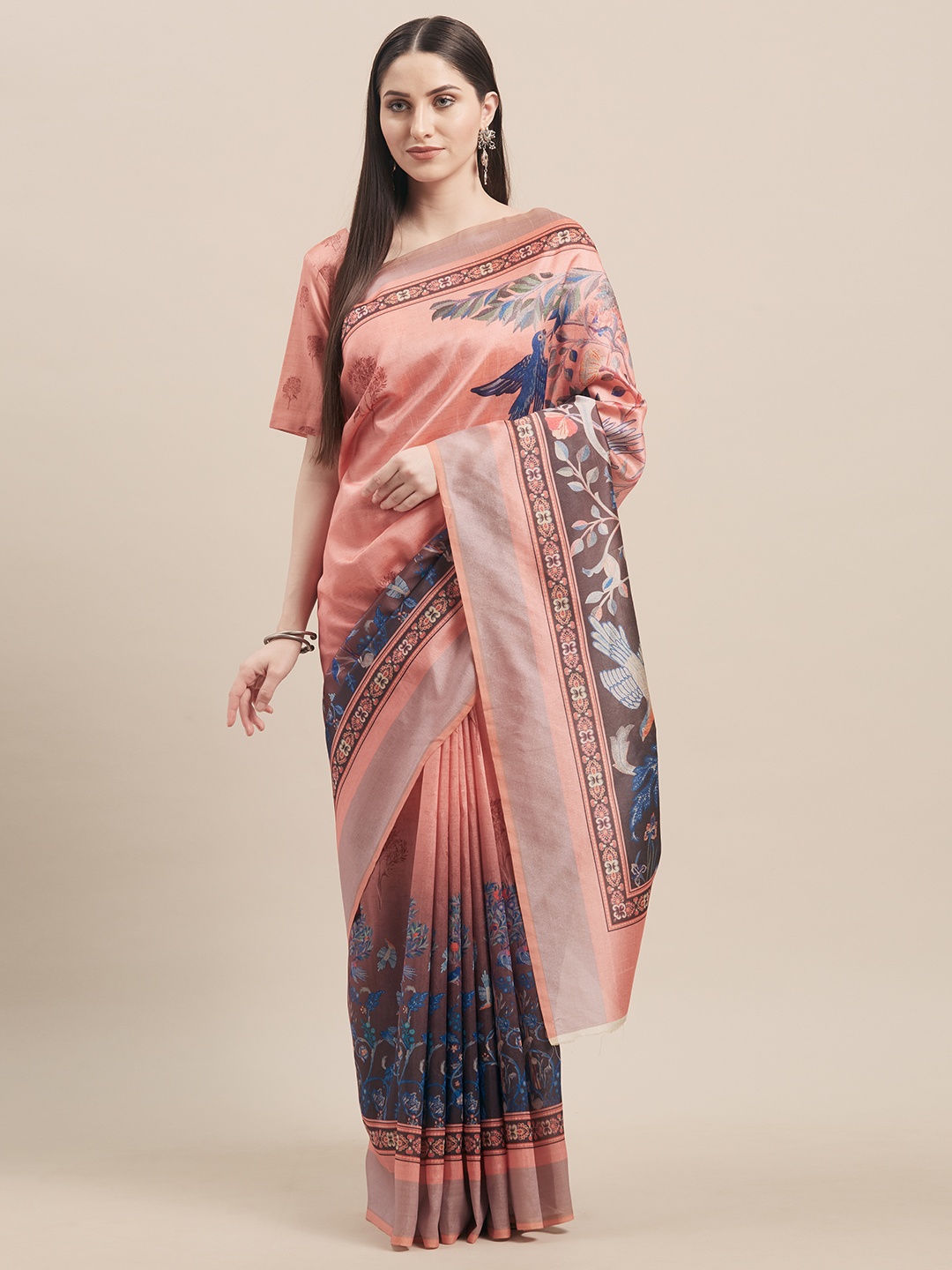 

Kvsfab Peach-Coloured & Navy Blue Silk Blend Printed Saree
