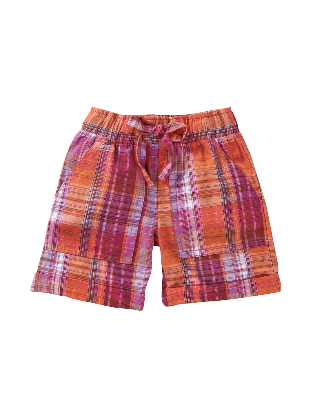 

KiddoPanti Girls Pink & Orange Checked Regular Fit Regular Shorts