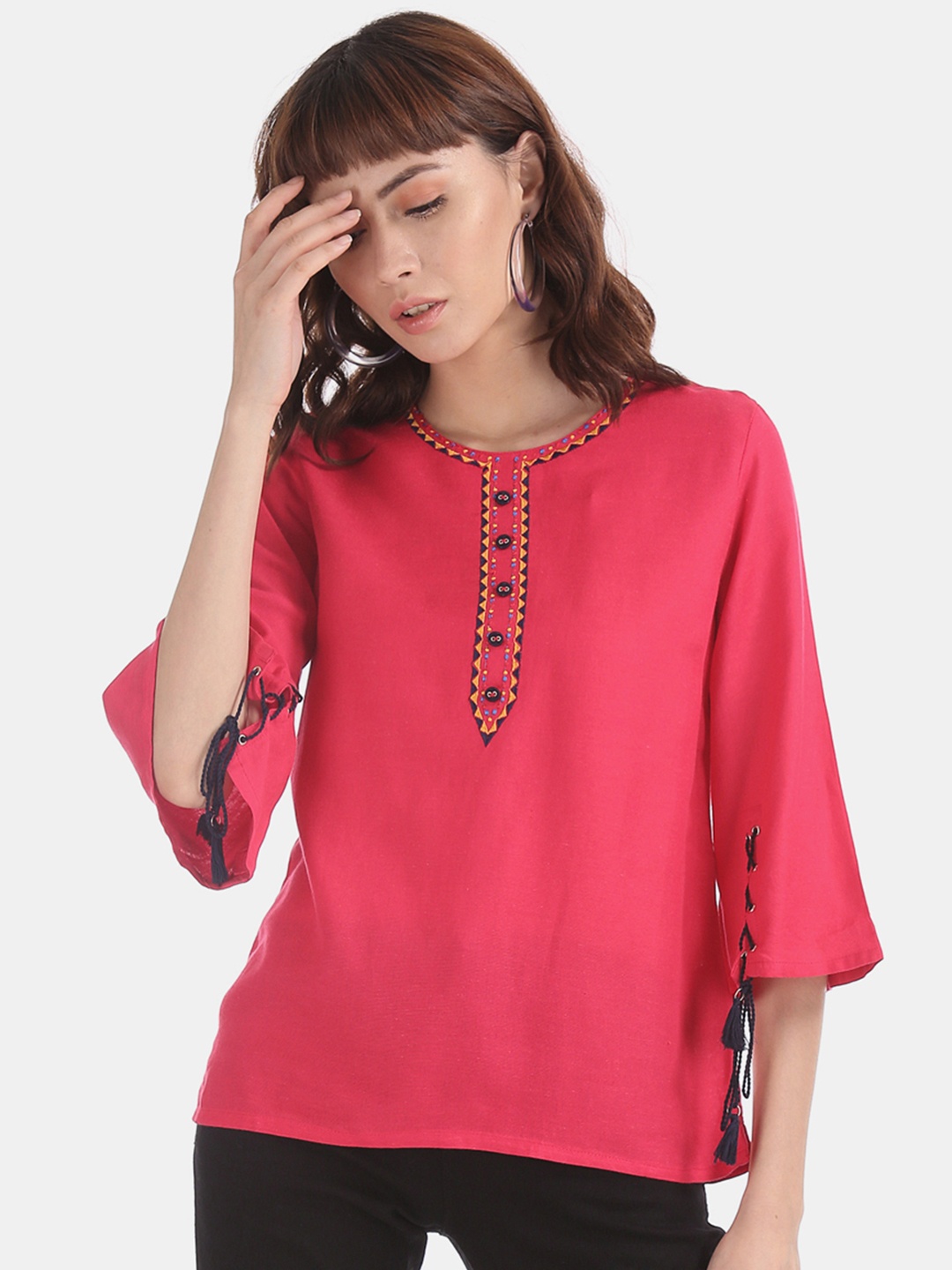 

Bronz Women Pink Solid A-Line Top