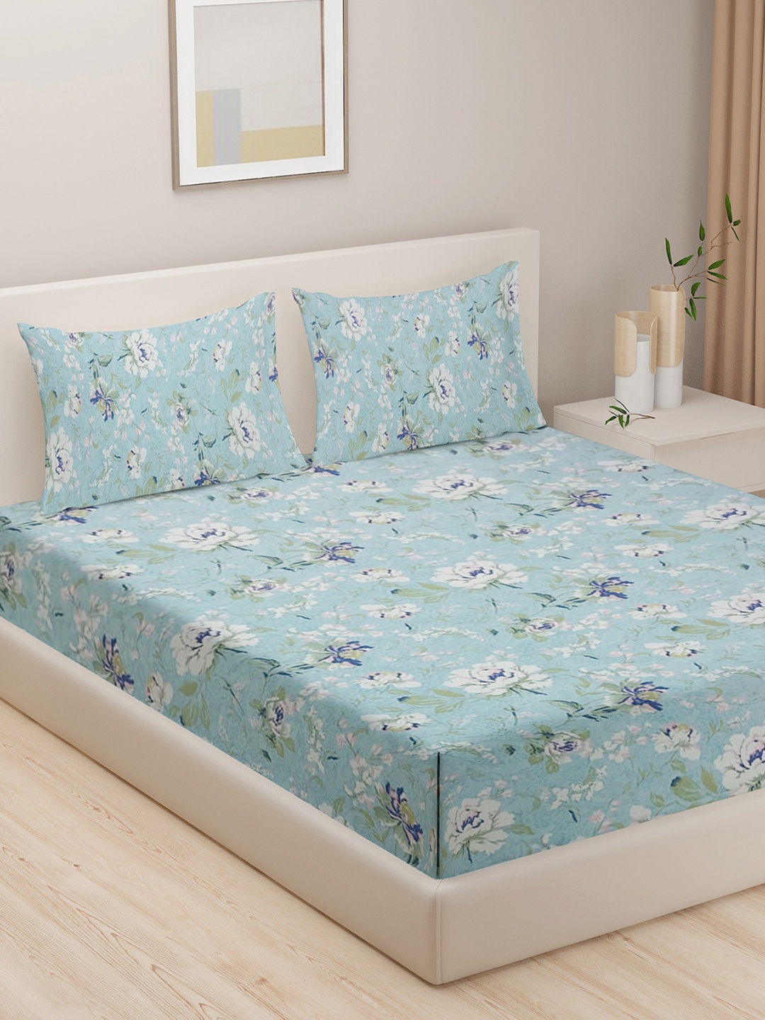 

Swayam Sparkle Blue Floral Design 144TC Premium Cotton King Fitted Bedsheet Set