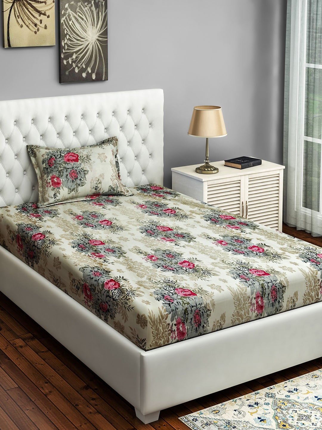 

SWAYAM Beige & Grey Floral 144 TC Cotton 1 Single Bedsheet with 1 Pillow Covers