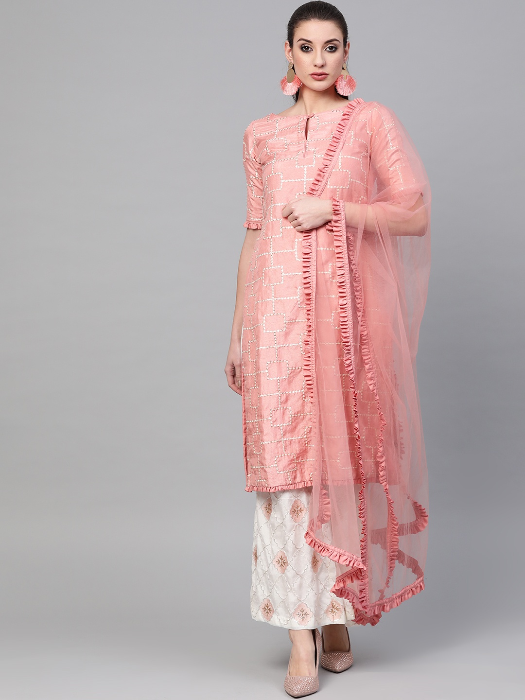 

Inddus Women Pink & White Embroidered Kurta with Palazzos & Dupatta