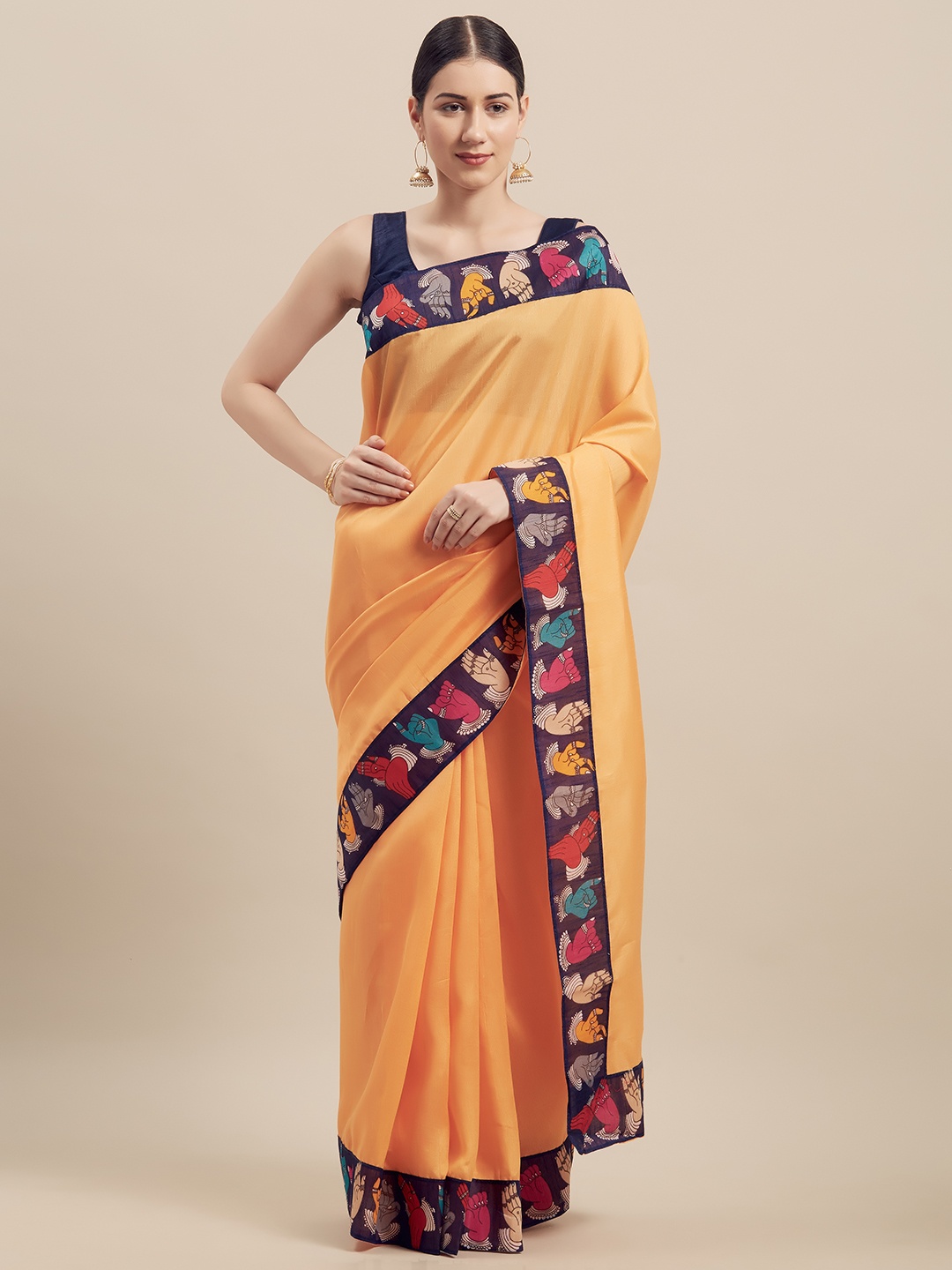 Florence Orange & Navy Blue Silk Blend Solid Bhagalpuri Saree