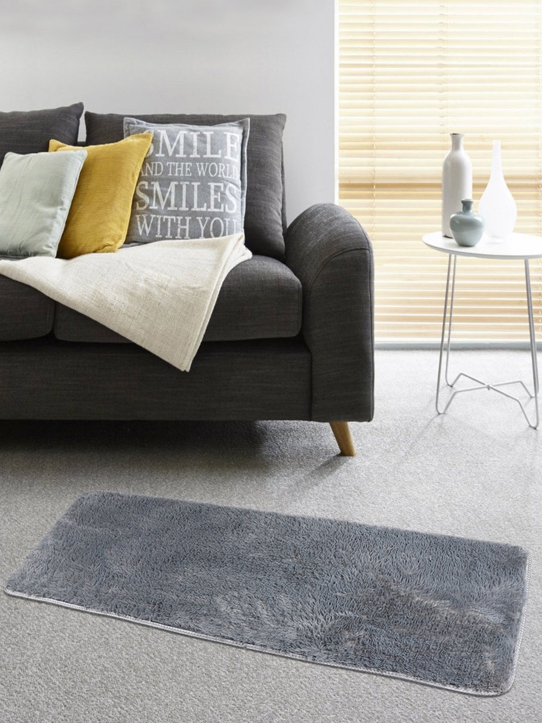 

TIED RIBBONS Grey Solid Rectangular Soft Fur Anti-Skid Floor Runner