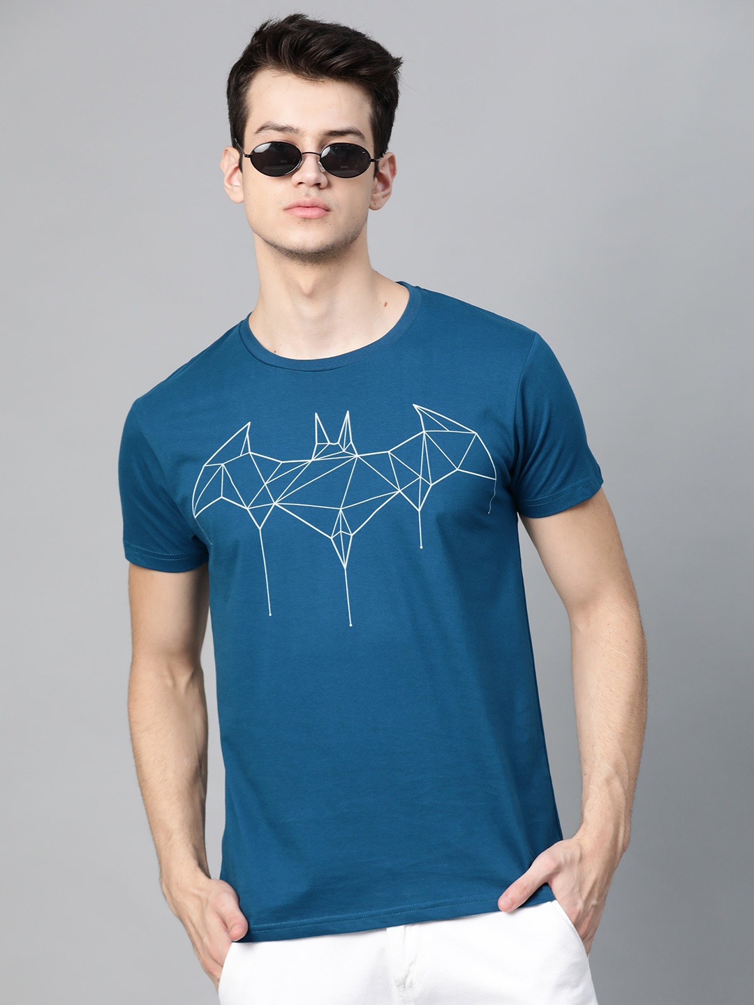 

Justice League Men Teal Blue White Bat Man Printed Round Neck Pure Cotton T-shirt