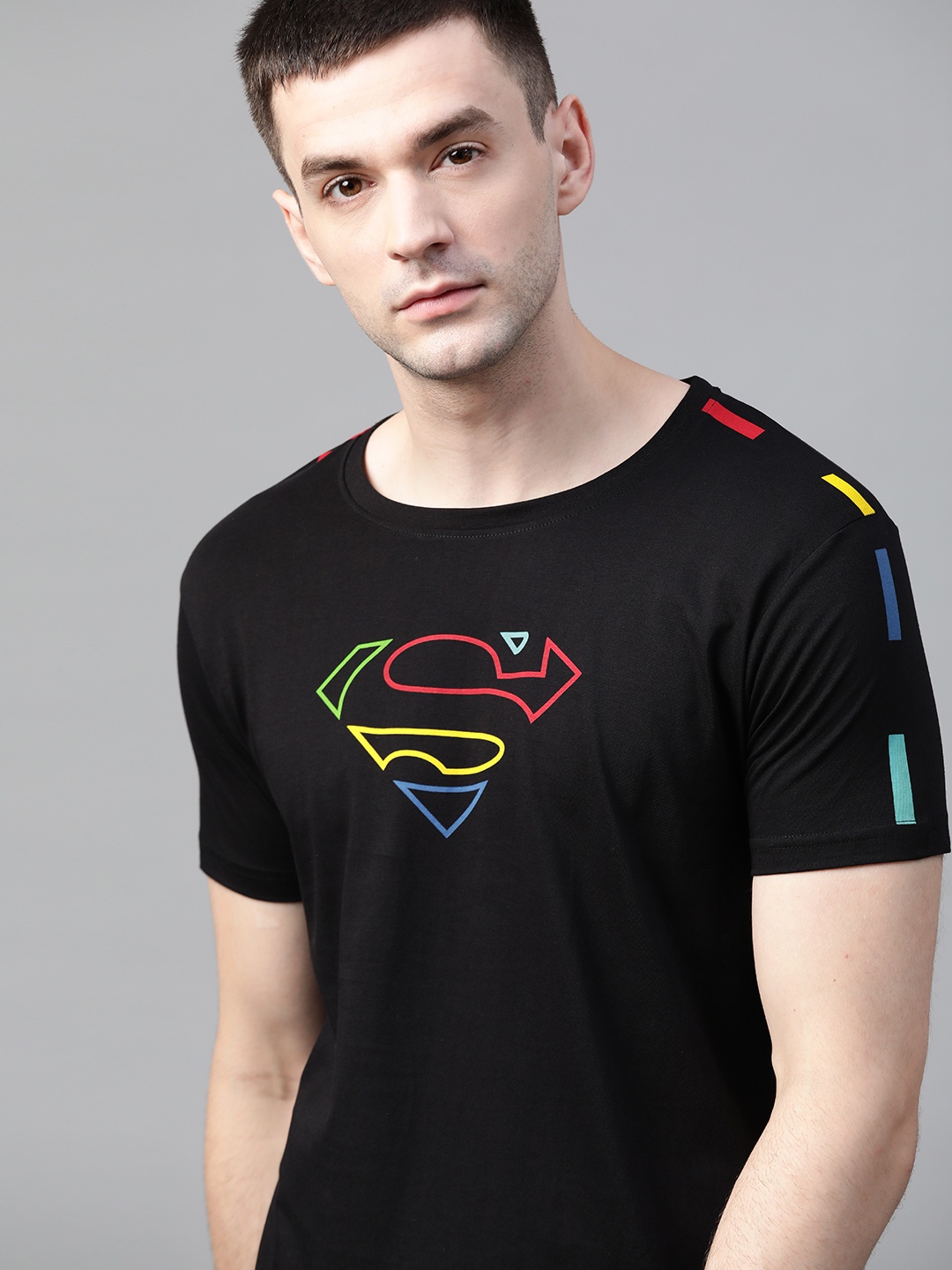 

Justice League Men Black Superman Printed Round Neck Pure Cotton T-shirt