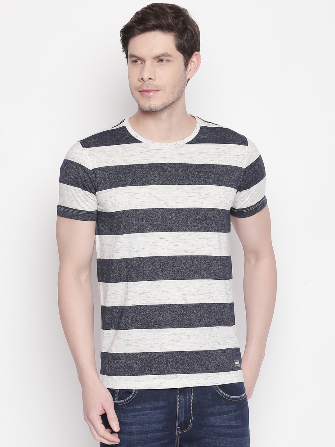 

Urban Ranger by pantaloons Men Blue & Off-White Striped Round Neck T-shirt