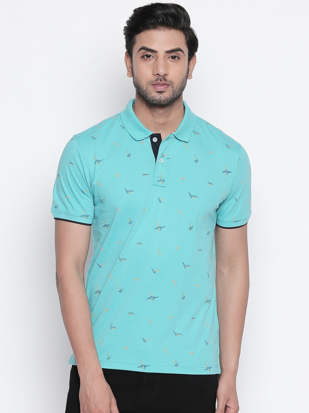 

Urban Ranger by pantaloons Men Sea Green Printed Polo Collar Pure Cotton T-shirt