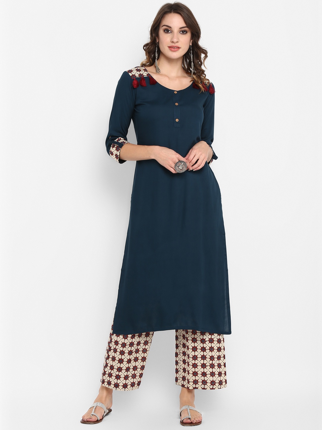 

Janasya Women Navy Blue & Beige Solid Kurta with Palazzos