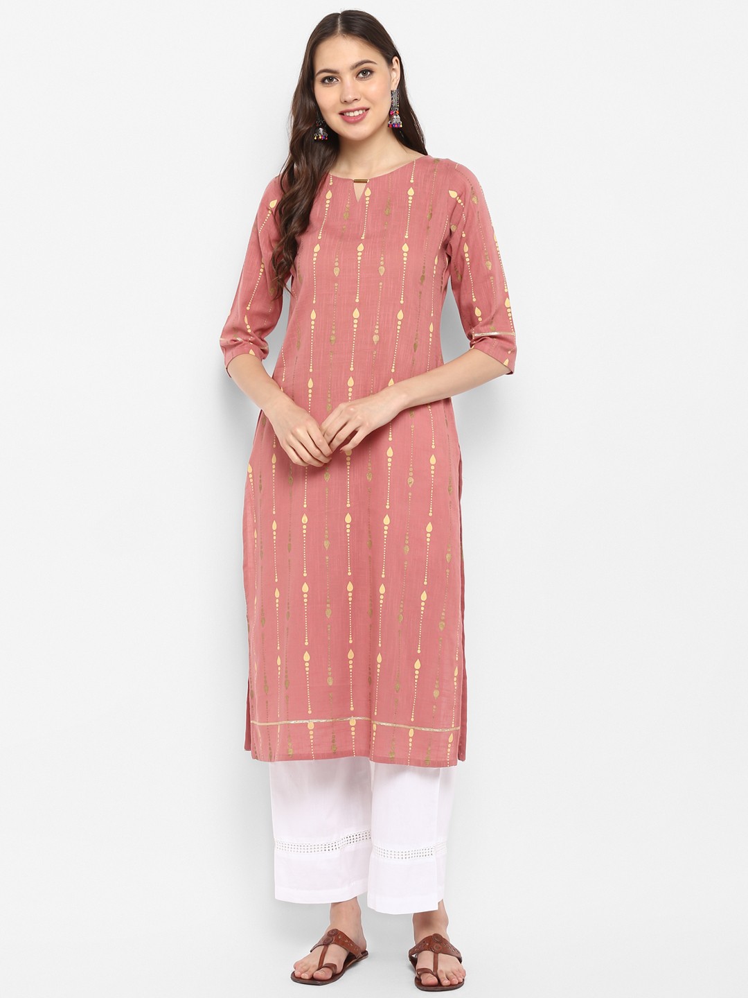 

Janasya Women Pink Ethnic Motifs Printed Regular Pure Cotton Kurta with Palazzos