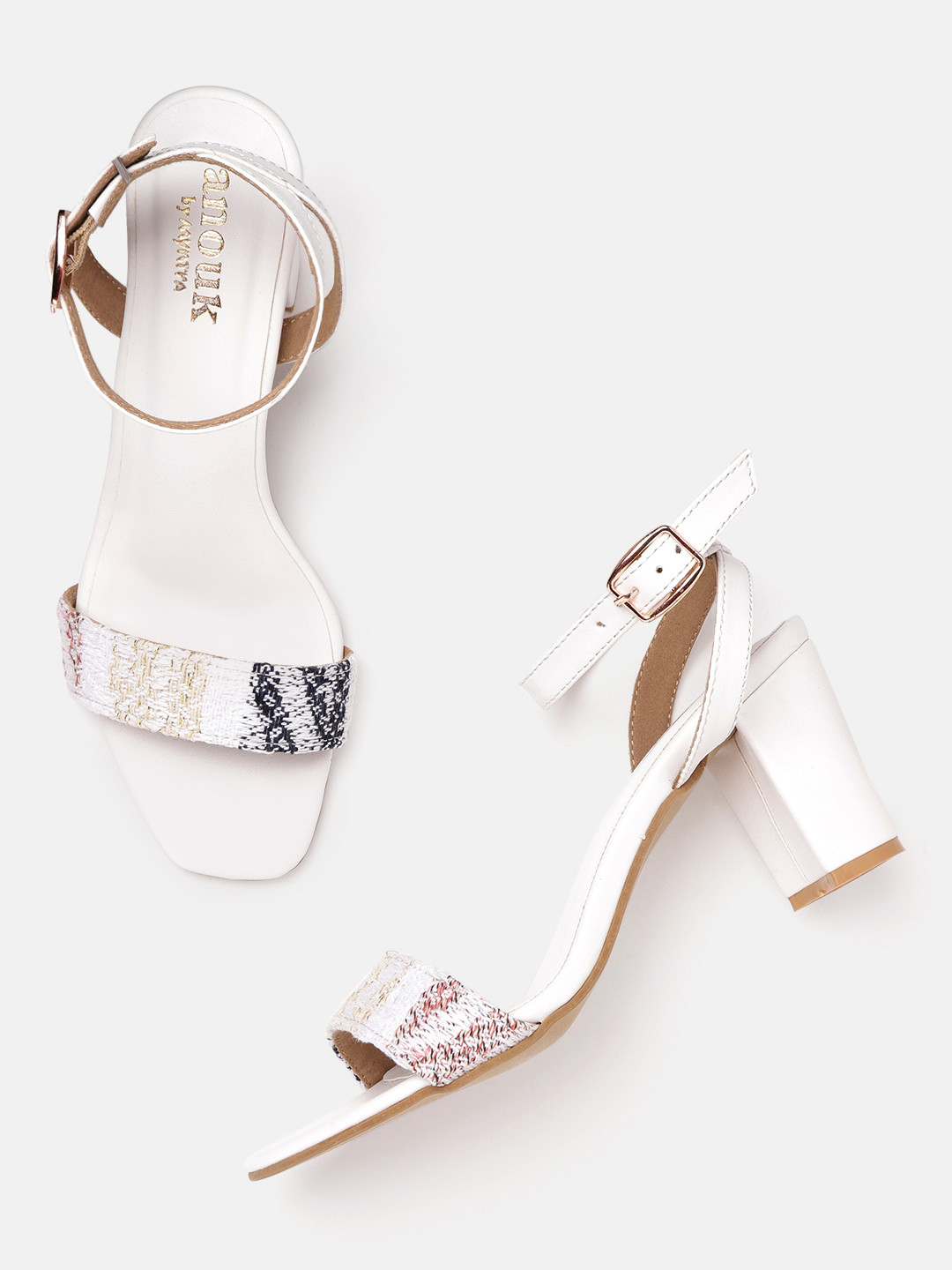 

Anouk Women White & Navy Blue Woven Design Block Heels