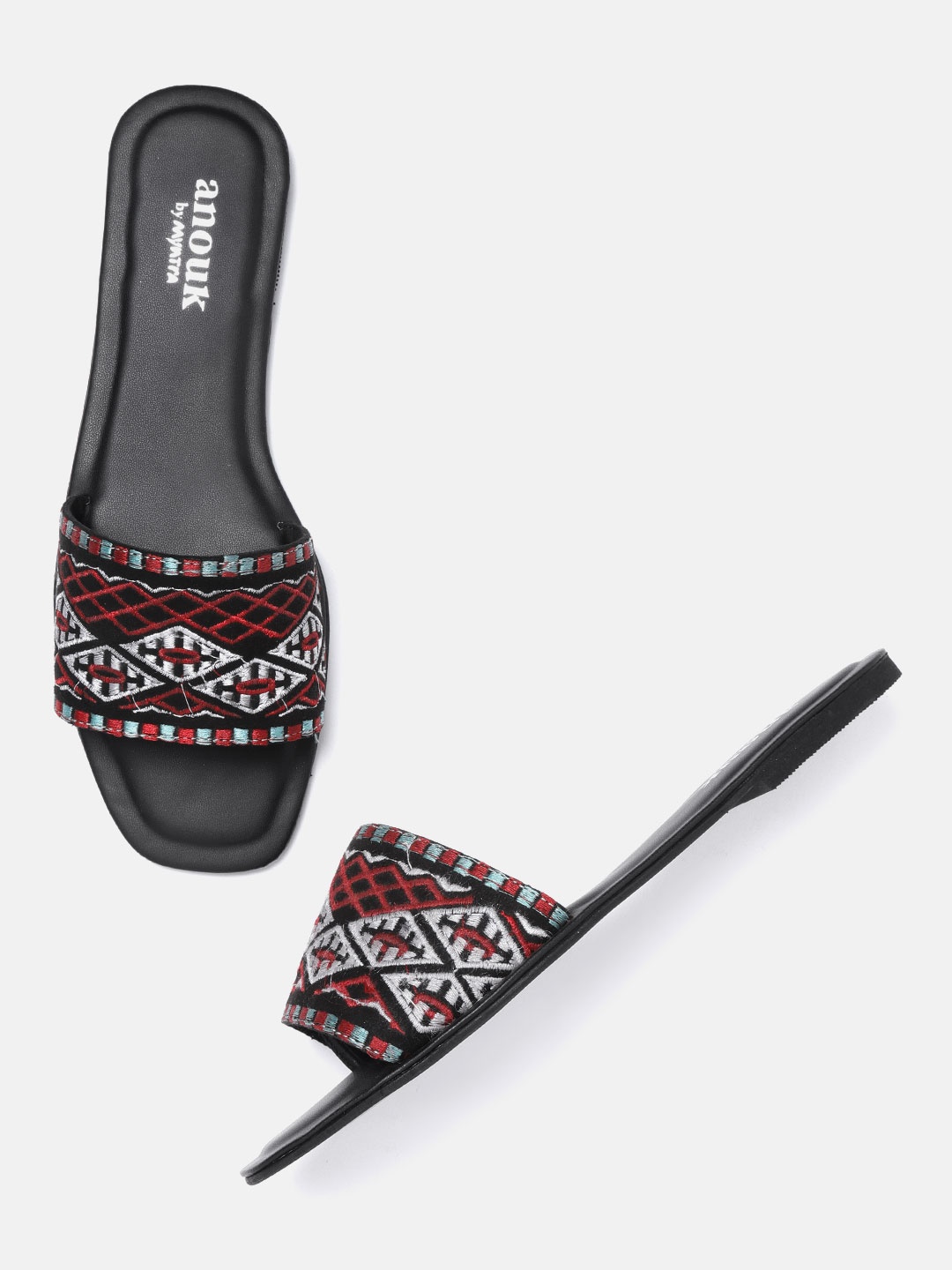 

Anouk Women Black & Red Embroidered Open Toe Flats
