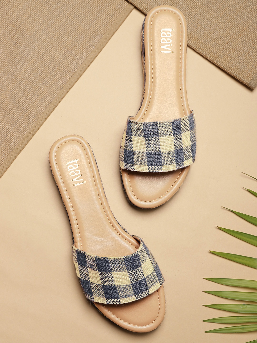 

Taavi Women Off-White & Navy Blue Self-Checked Open-Toe Flats