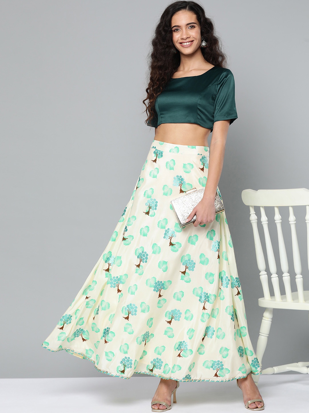 

STREET 9 Women Green & Off-White Solid Crop Top with Skirt