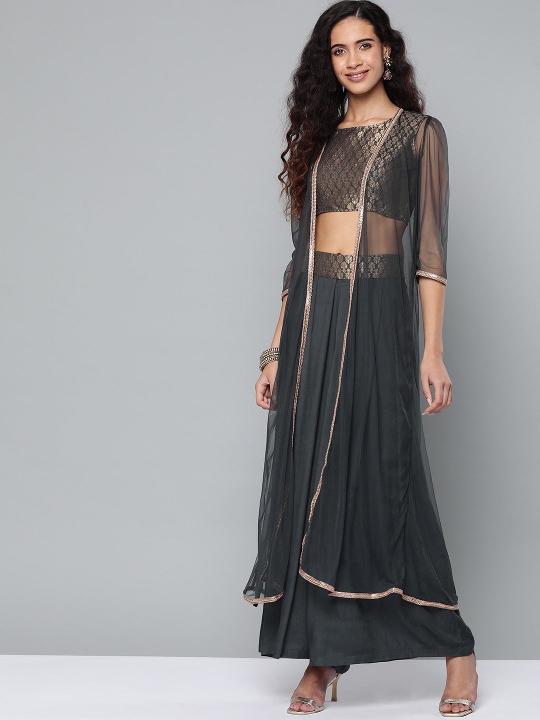 

STREET 9 Women Charcoal Grey & Golden Jacquard Self Design Crop Top with Palazzos & Shrug