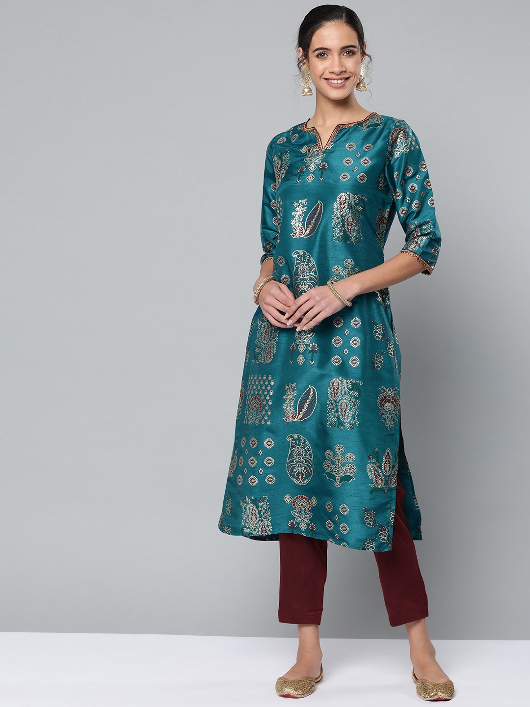 

STREET 9 Women Teal Blue & Maroon Foil Printed Kurta with Trousers