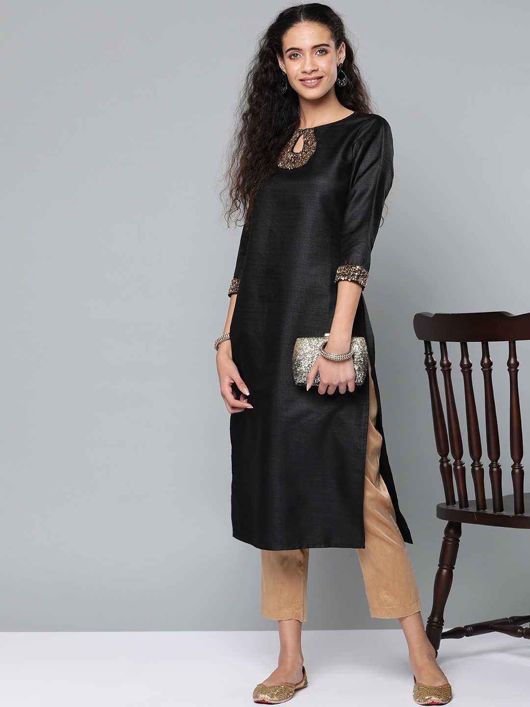 

STREET 9 Women Black & Beige Solid Kurta with Trousers