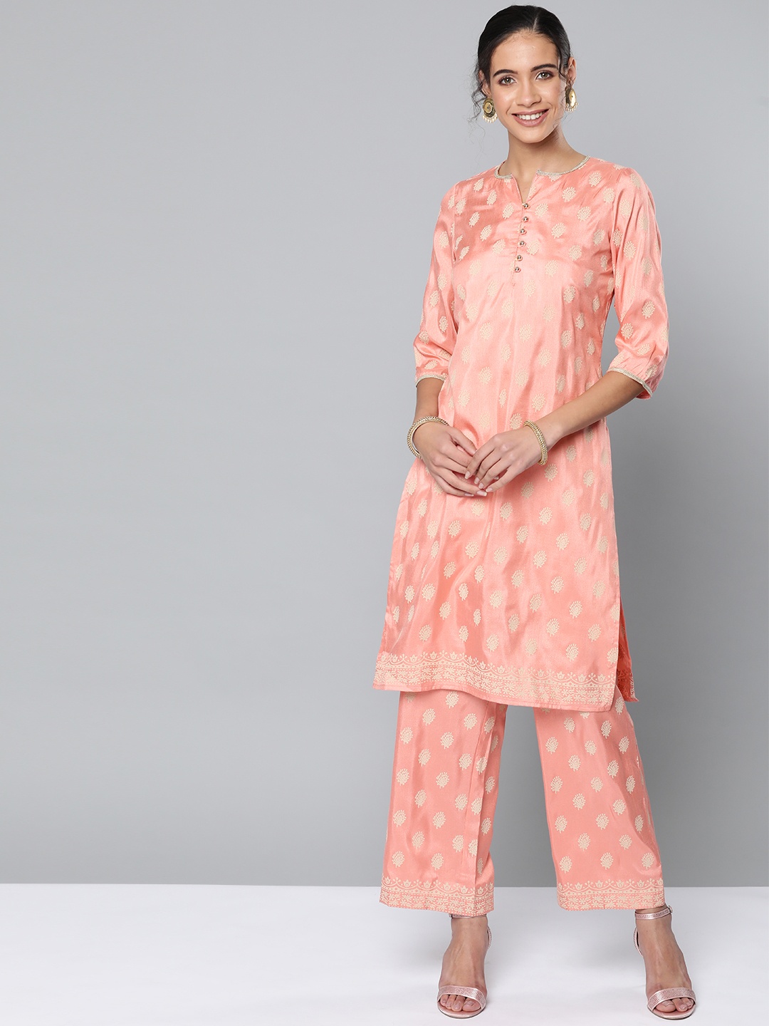 

STREET 9 Women Pink & Off-White Foil Printed Kurta with Trousers