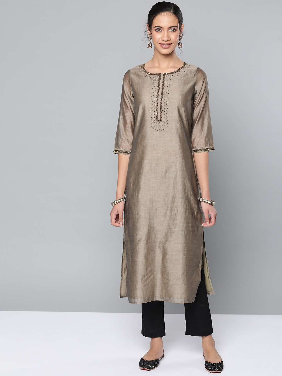 

STREET 9 Women Taupe Embellished Detail Straight Kurta