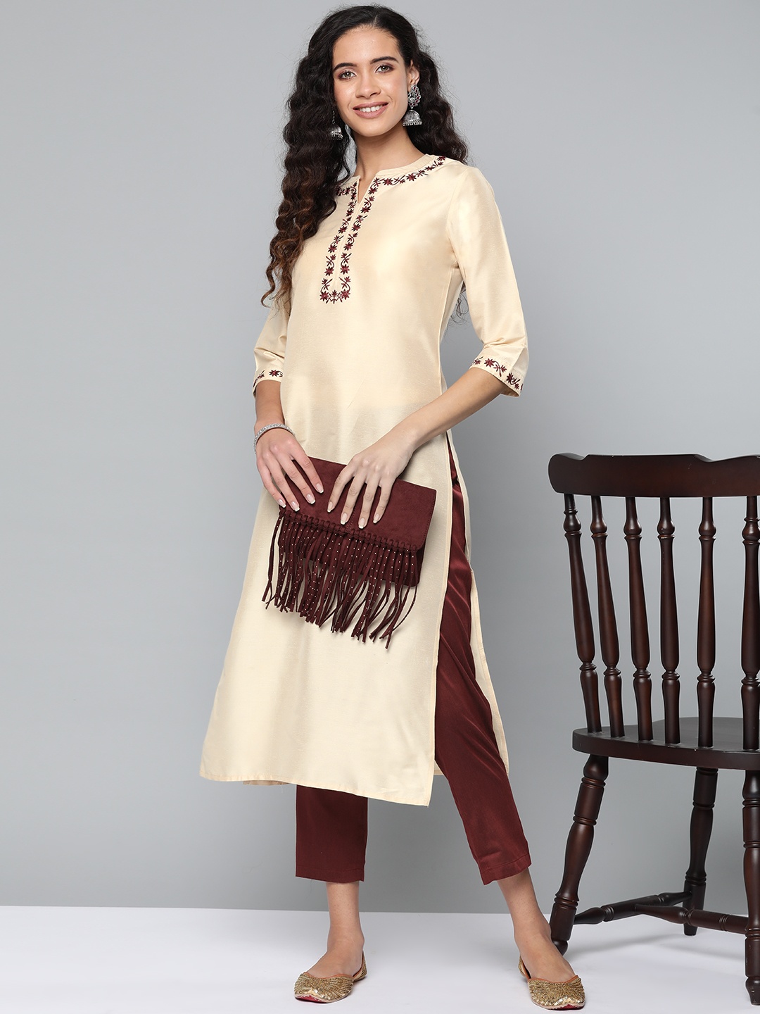 

STREET 9 Women Beige & Maroon Solid Kurta with Trousers