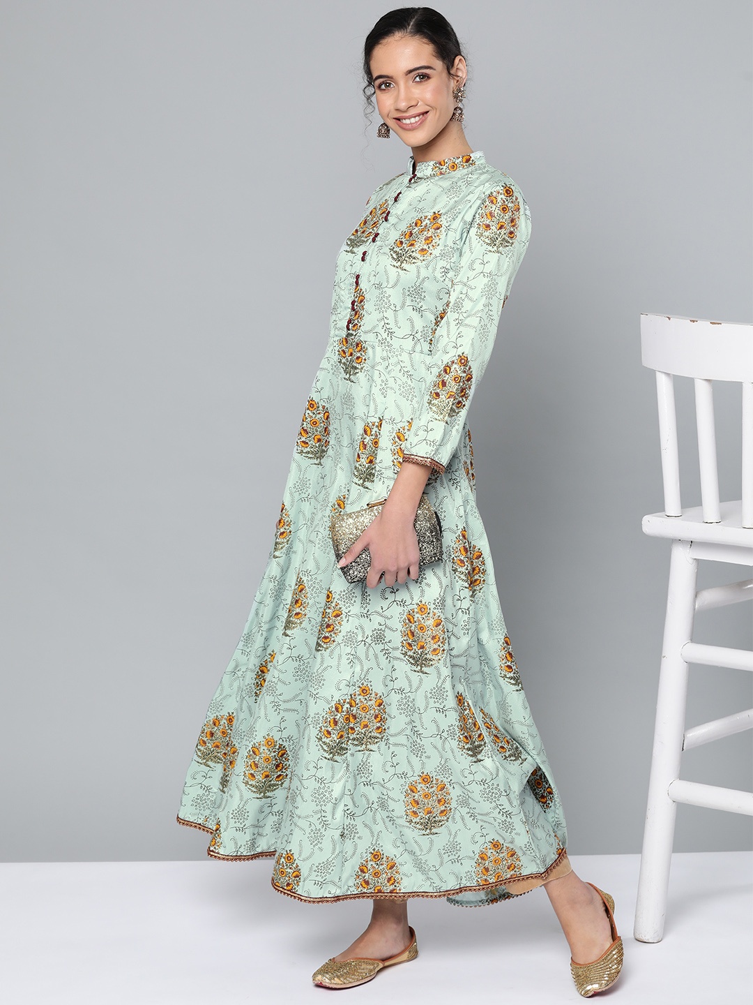 

STREET 9 Women Green & Mustard Yellow Printed A-Line Kurta