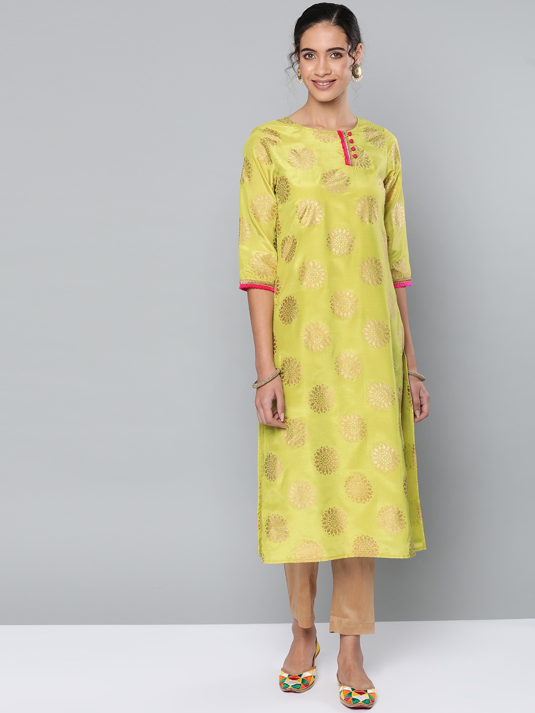 

STREET 9 Women Lime Green & Beige Foil Printed Kurta with Trousers