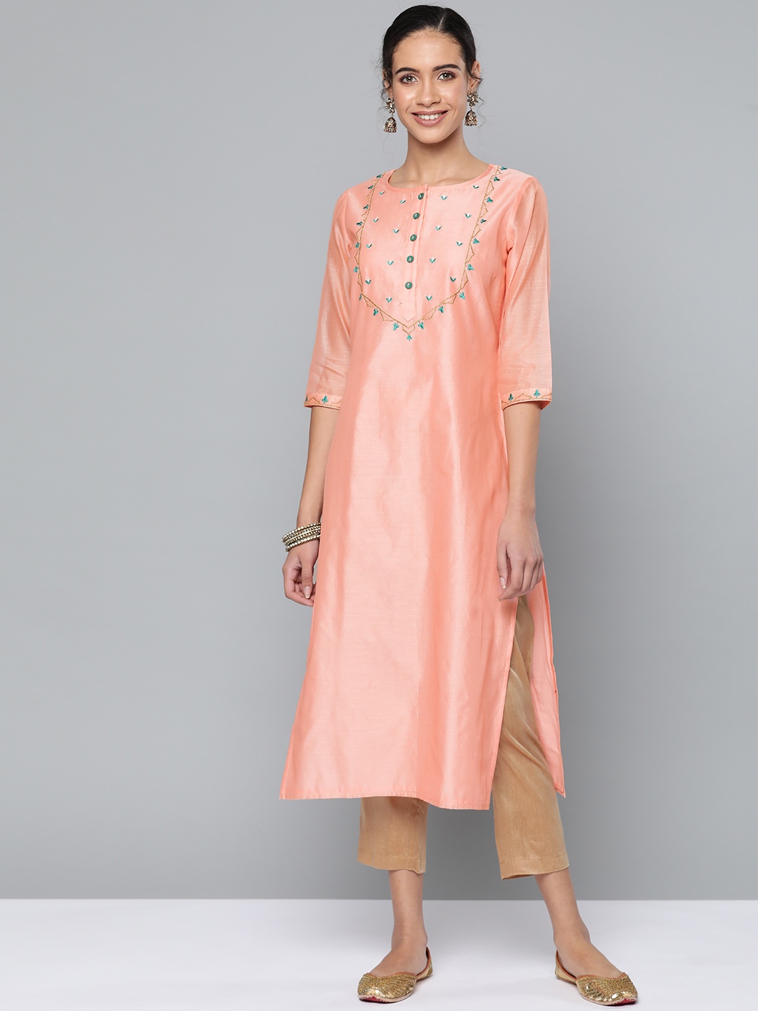 

STREET 9 Women Peach-Coloured Yoke Design Straight Kurta