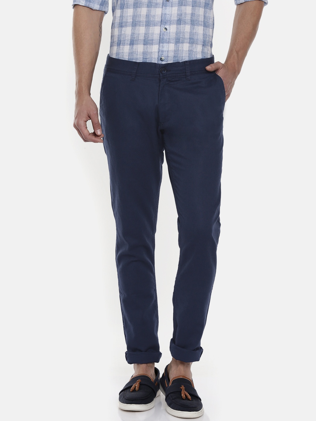 

Pepe Jeans Men Navy Blue Crest Slim Fit Solid Regular Trousers