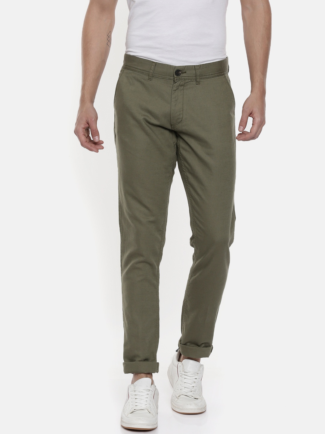 

Pepe Jeans Men Olive Green Crest Slim Fit Solid Regular Trousers