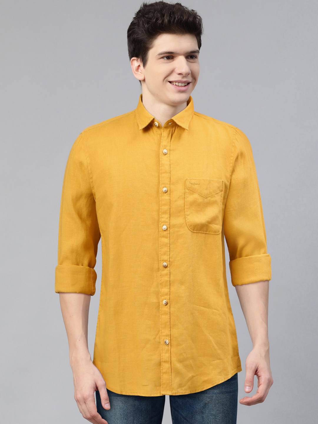 

Pepe Jeans Men Mustard Yellow Regular Fit Solid Linen Casual Shirt