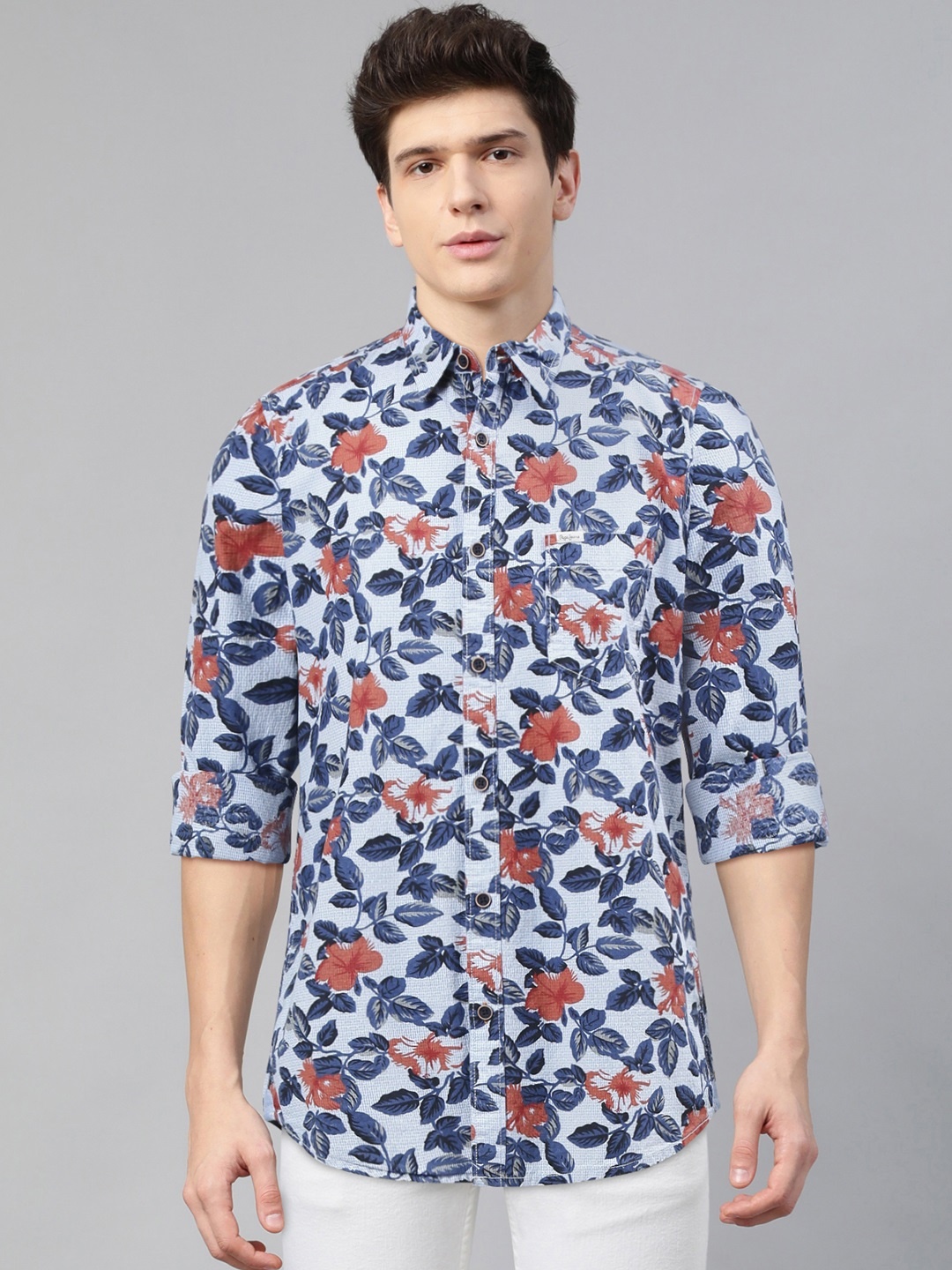 

Pepe Jeans Men Blue & Rust Red Regular Fit Floral Print Cotton Casual Shirt