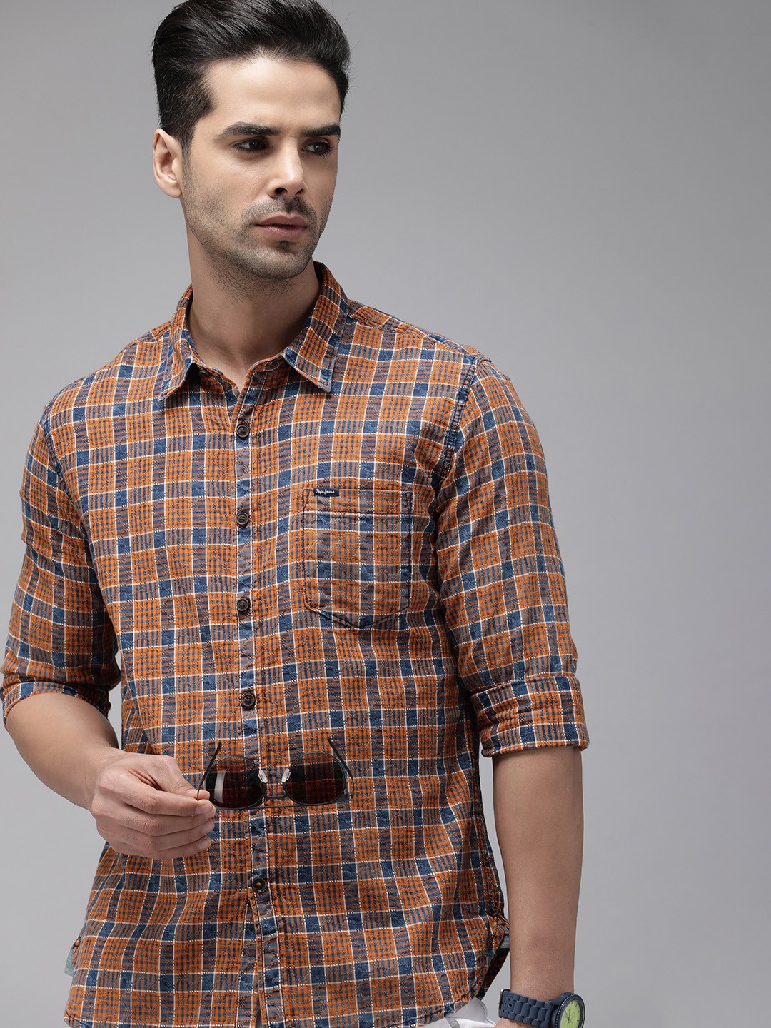 

Pepe Jeans Men Orange & Blue SANDERS LS IP Checked Pure Cotton Casual Shirt