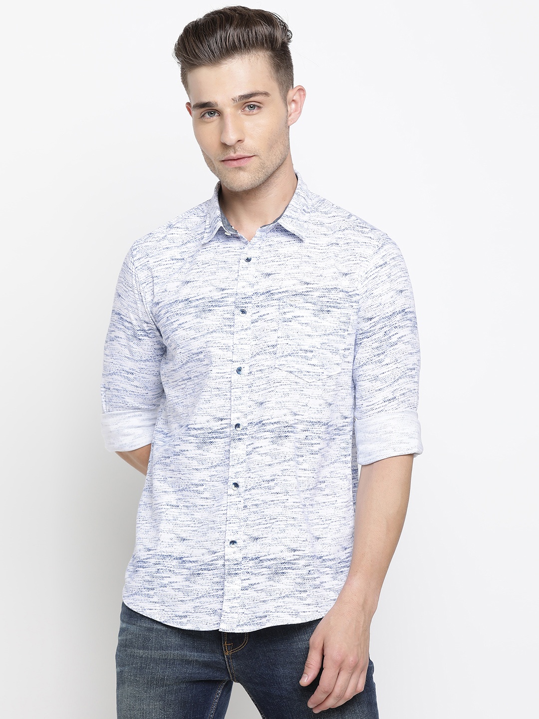 

Pepe Jeans Men White & Navy Blue Regular Fit Abstract Print Casual Shirt