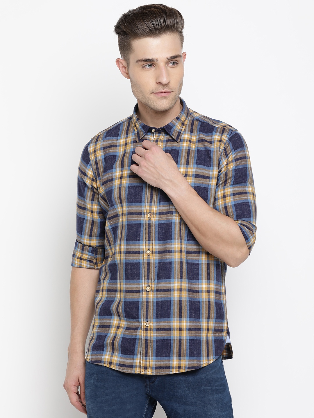 

Pepe Jeans Men Navy Blue & Mustard Yellow Regular Fit Checked Casual Shirt