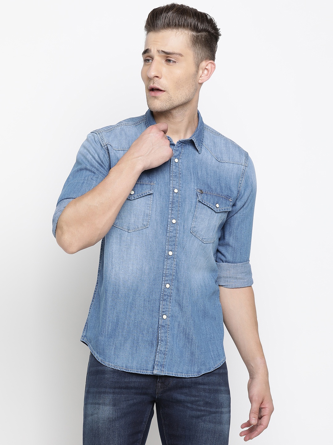 

Pepe Jeans Men Blue Regular Fit Solid Faded Denim Casual Shirt