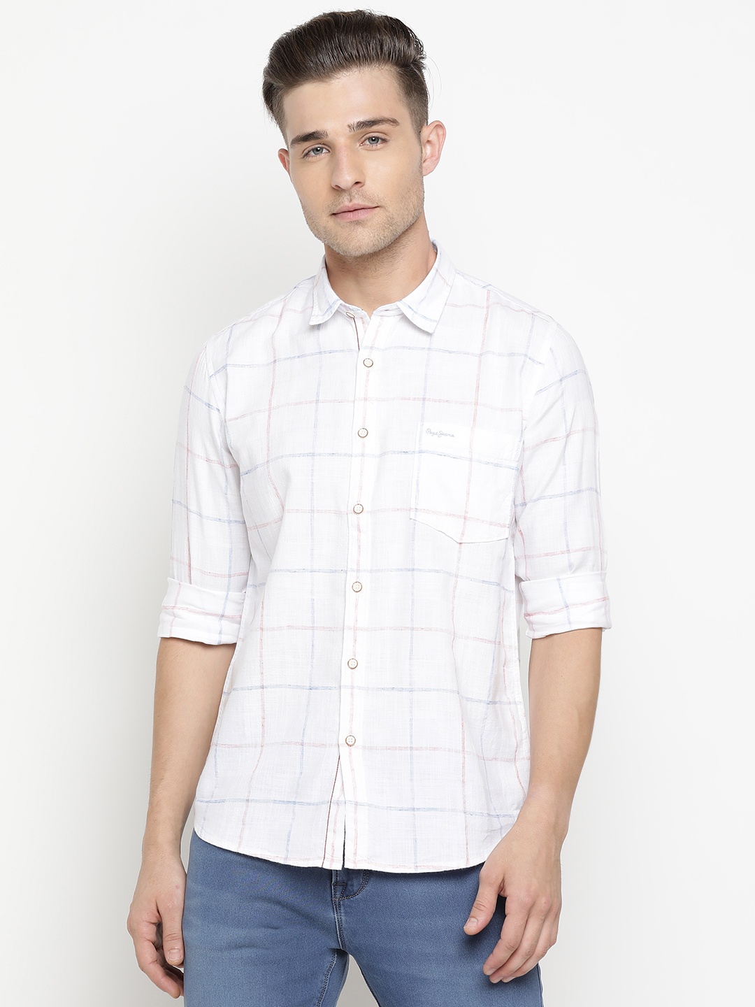 

Pepe Jeans Men White Regular Fit Checked Casual Shirt