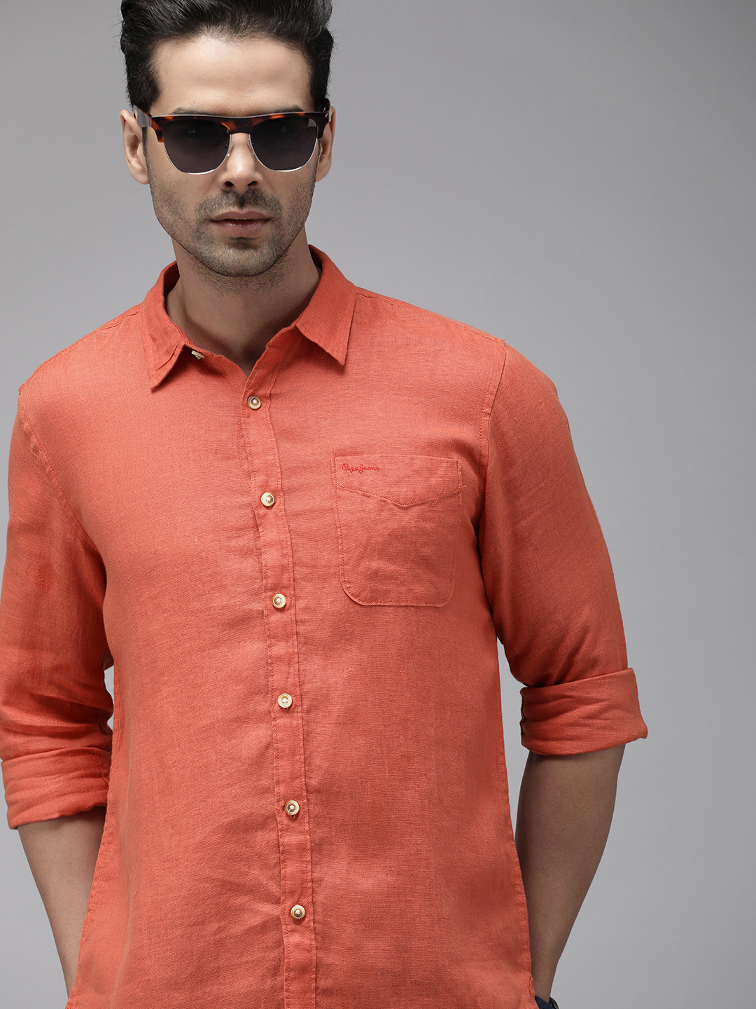 

Pepe Jeans Men Orange KINGZ LS IP Pure Linen Casual Shirt