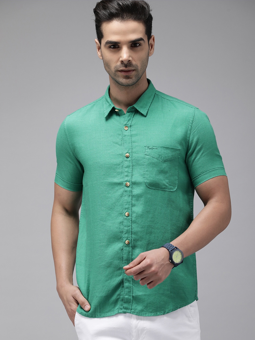 

Pepe Jeans Men Sea Green KINGZ SS IP Pure Linen Casual Shirt