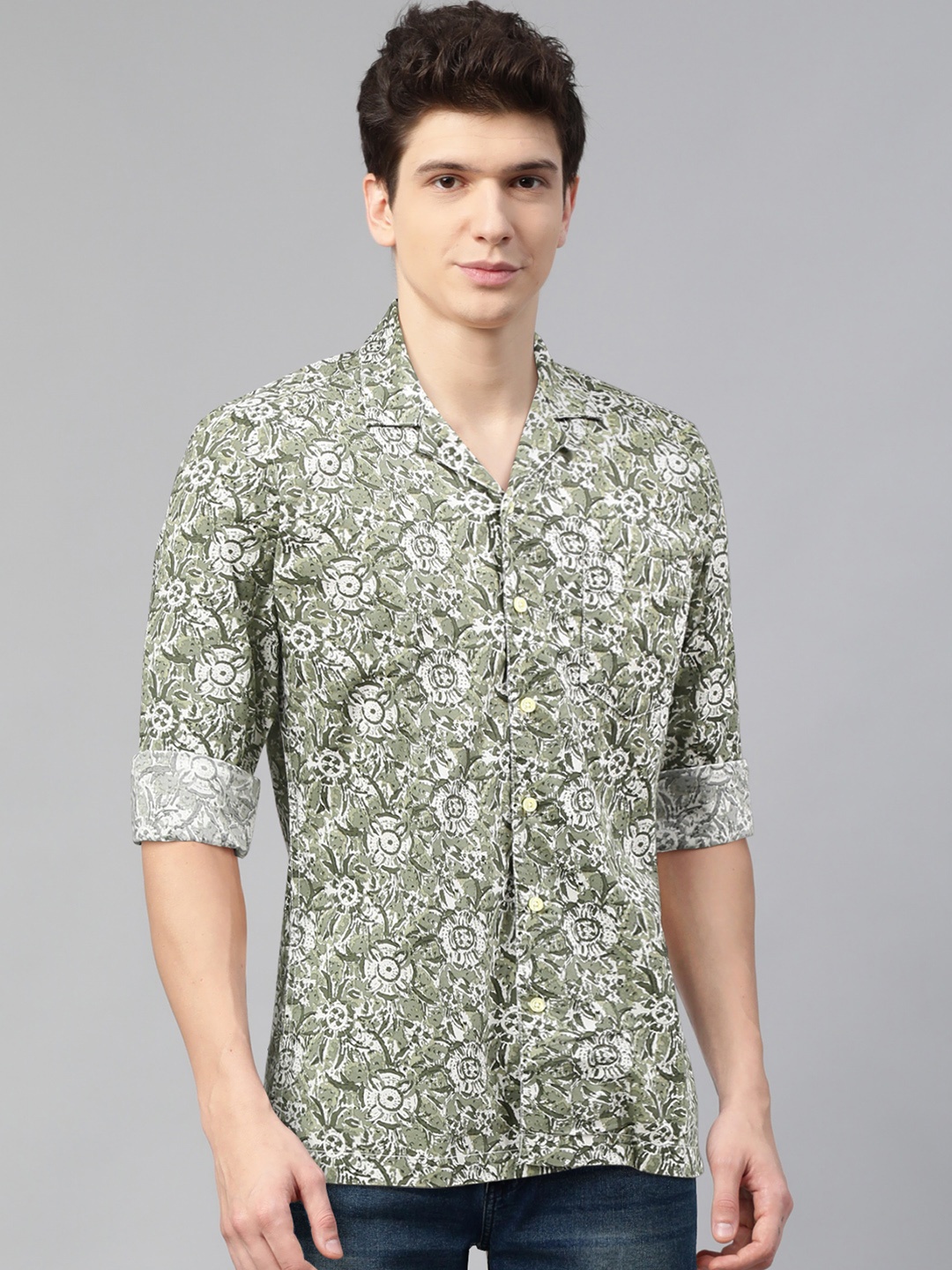 

Pepe Jeans Men Green & White Regular Fit Printed Cotton Casual Shirt