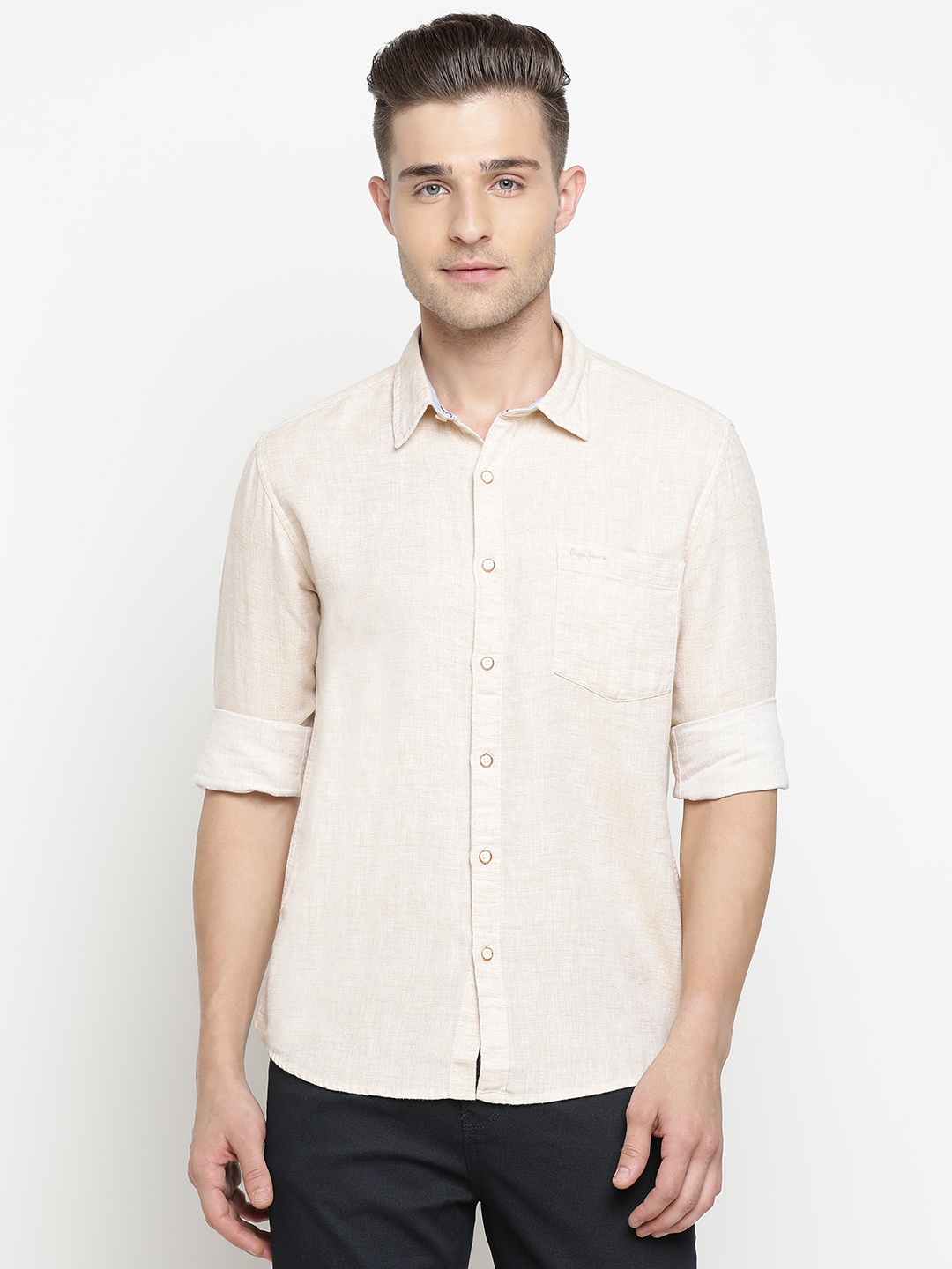 

Pepe Jeans Men Beige Regular Fit Solid Casual Shirt
