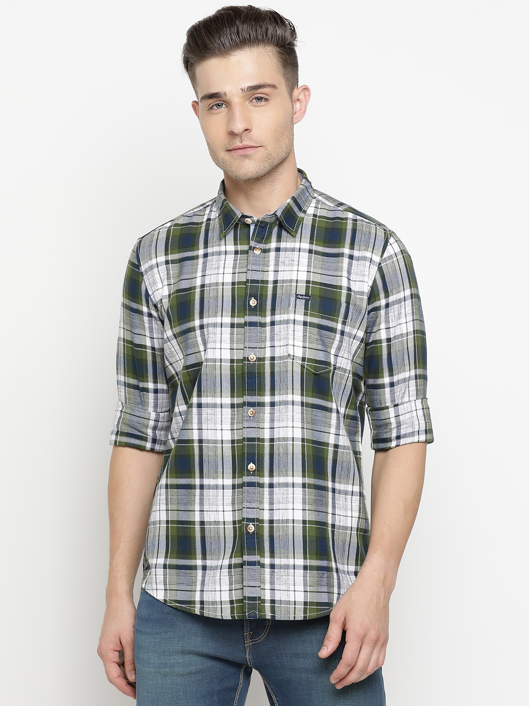 

Pepe Jeans Men Olive Green & White Regular Fit Checked Casual Shirt