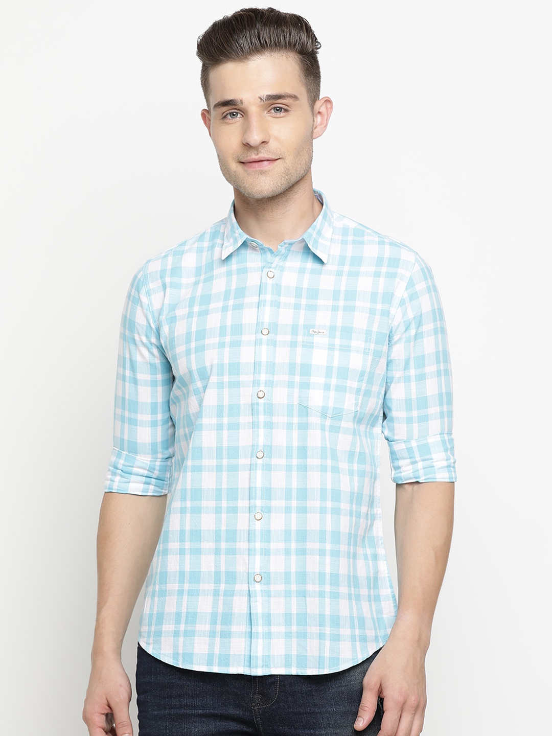 

Pepe Jeans Men Blue & White Regular Fit Checked Casual Shirt