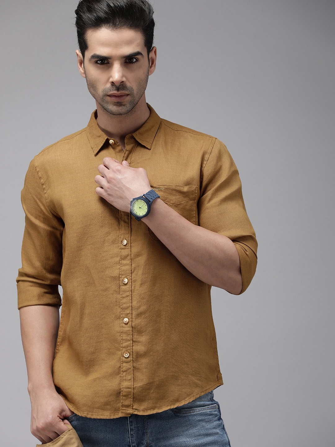 

Pepe Jeans Men Khaki KINGZ LS IP Pure Linen Casual Shirt