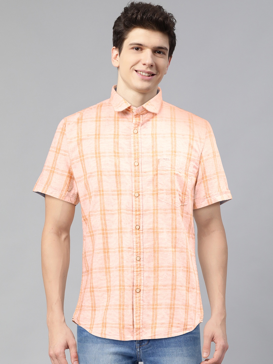 

Pepe Jeans Men Orange & White Regular Fit Checked Casual Shirt