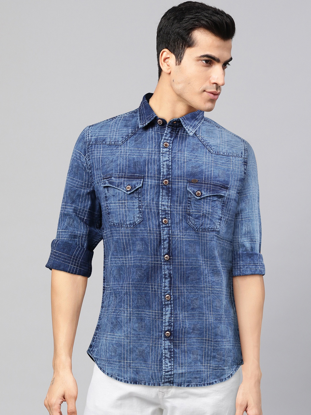

Pepe Jeans Men Navy Blue Regular Fit Checked Cotton Casual Shirt