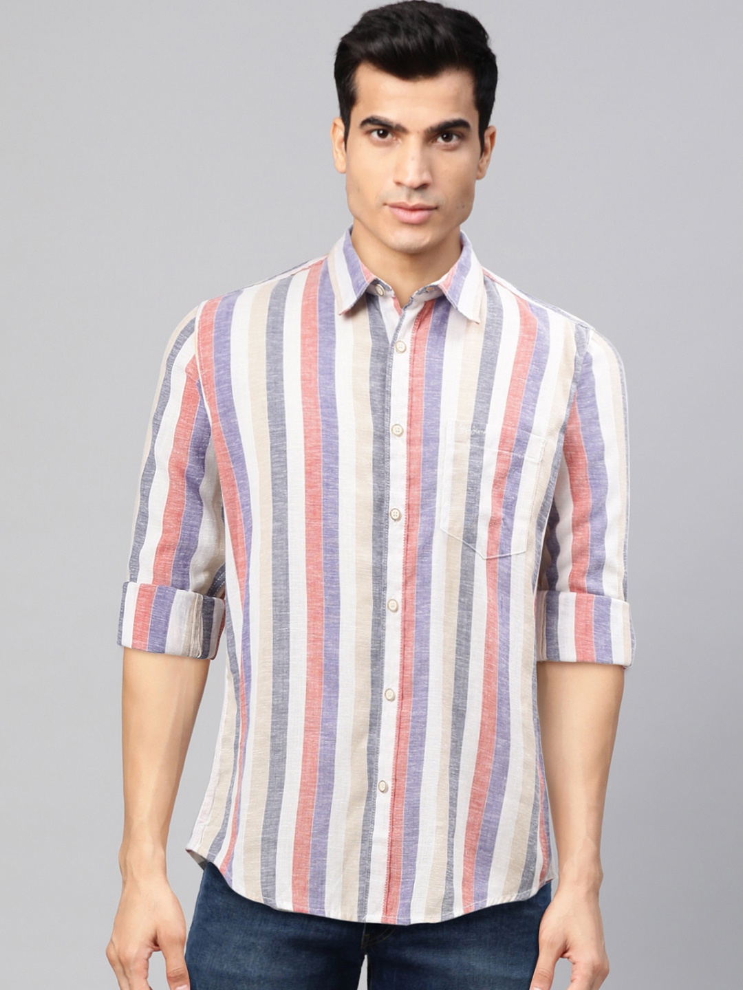 

Pepe Jeans Men White & Purple Regular Fit Striped Casual Shirt