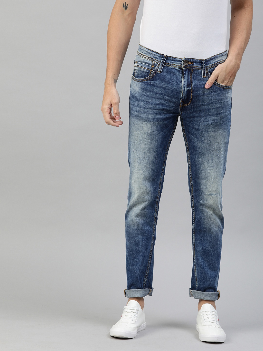 

Pepe Jeans Men Blue Vapour Tapered Fit Low-Rise Low Distress Stretchable Jeans