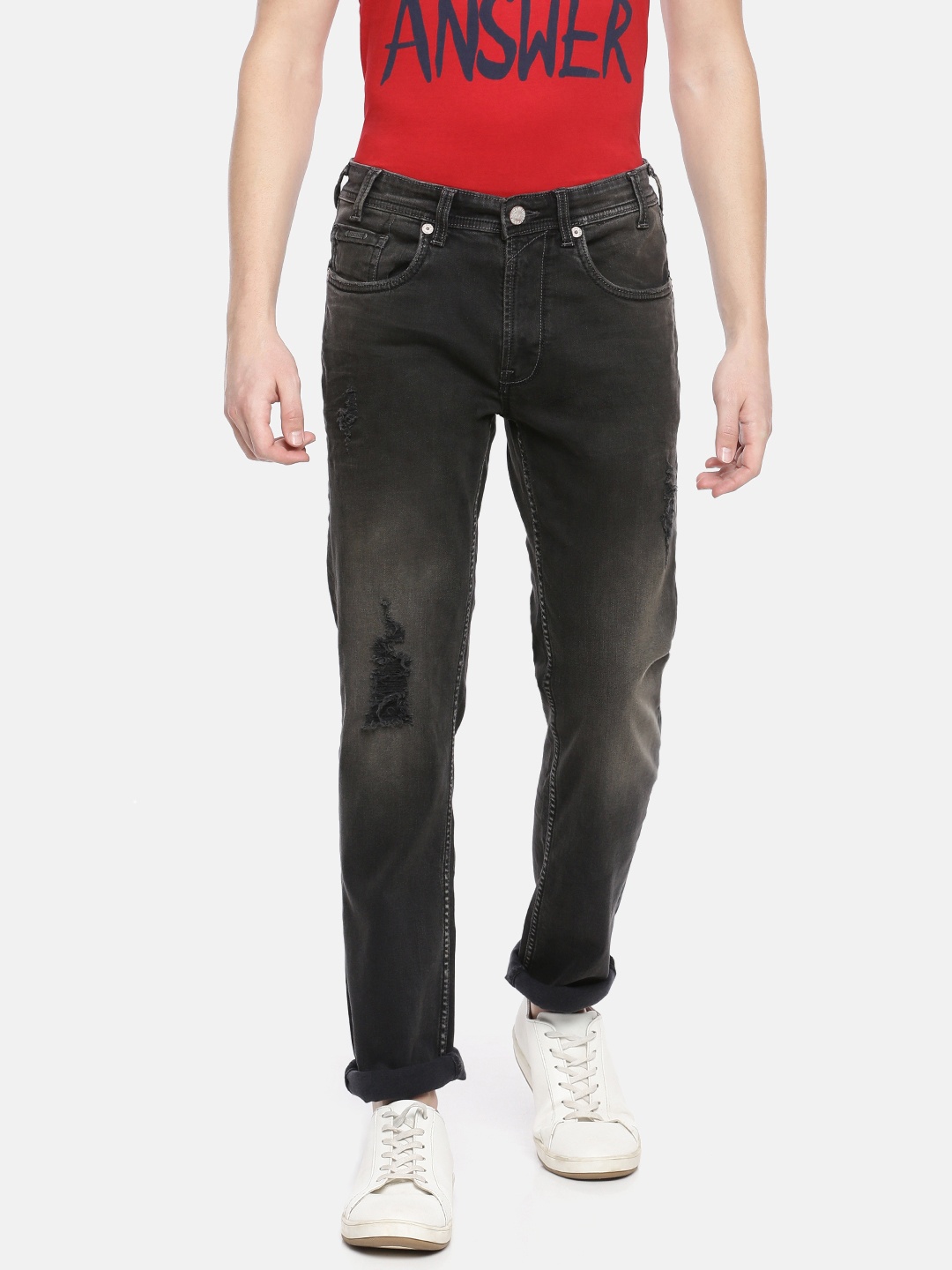 

Pepe Jeans Men Black MURAD VAPOUR Slim Fit Mid-Rise Highly Distressed Stretchable Jeans